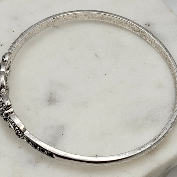 Sterling Silver Bangle Bracelet with Intricate Marcasite Detailing Unsigned - Picture 15 of 16